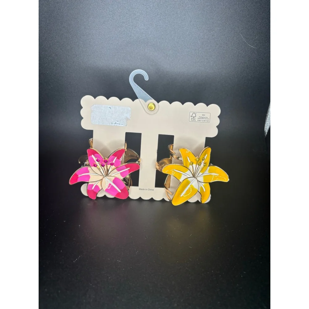 NWT Sunday State women's Yellow and Fuschia Lily Flower Large Metal Hair Clips